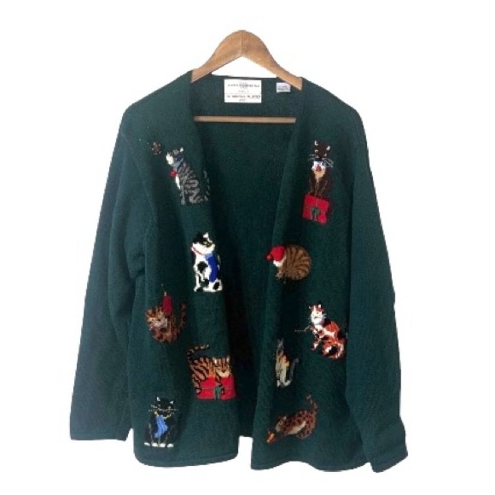 Cat Christmas Holiday Sweater Cardigan Marisa Christina Vintage 2001 Green 2X